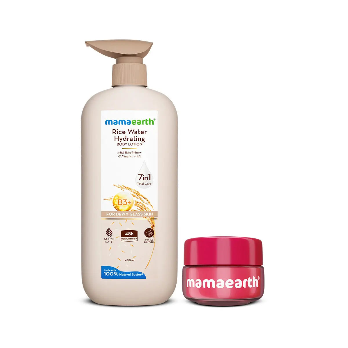 Glass Skin & Glossy Lips Duo (Rice Water Hydrating Body Lotion + Beetroot Moisture Therapy Lip Balm)