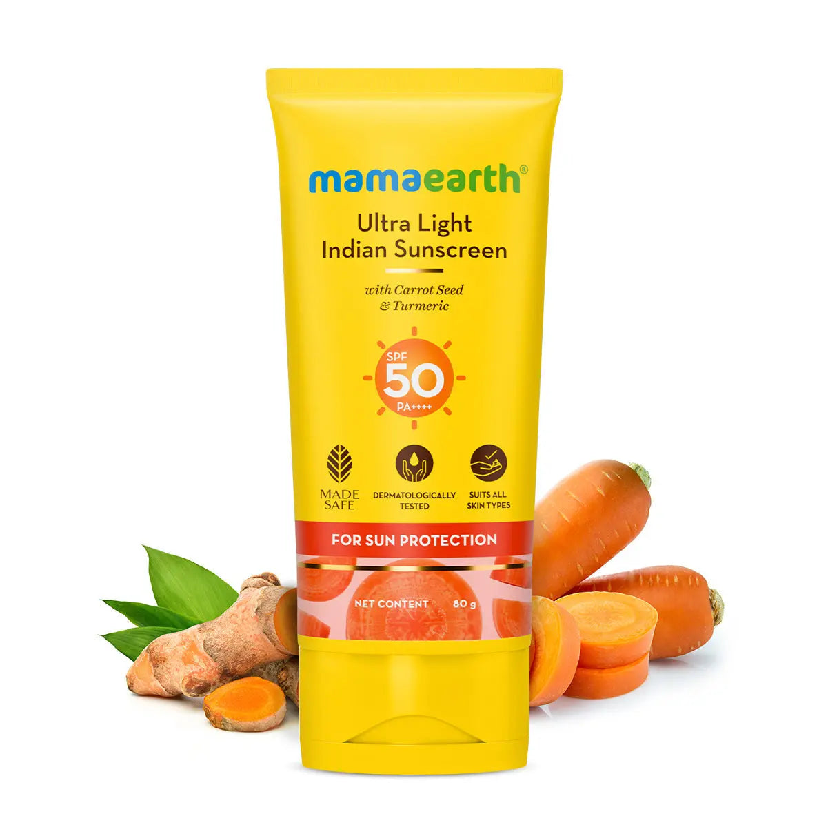 Mamaearth Ultra Light Indian Sunscreen with Carrot Seed Turmeric & SPF 50 PA+++ 80 gm