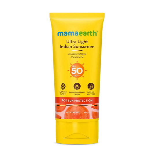 Mamaearth Ultra Light Indian Sunscreen with Carrot Seed Turmeric & SPF 50 PA+++ 80 gm