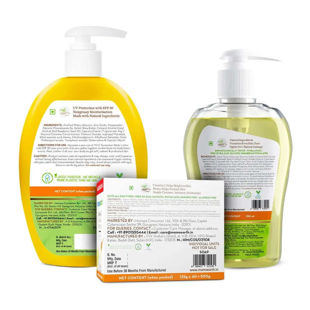 Vitamin C Skincare Kit – Soaps(single pack with 4 soaps), Face Wash 250 ml & Body Lotion 300 ml